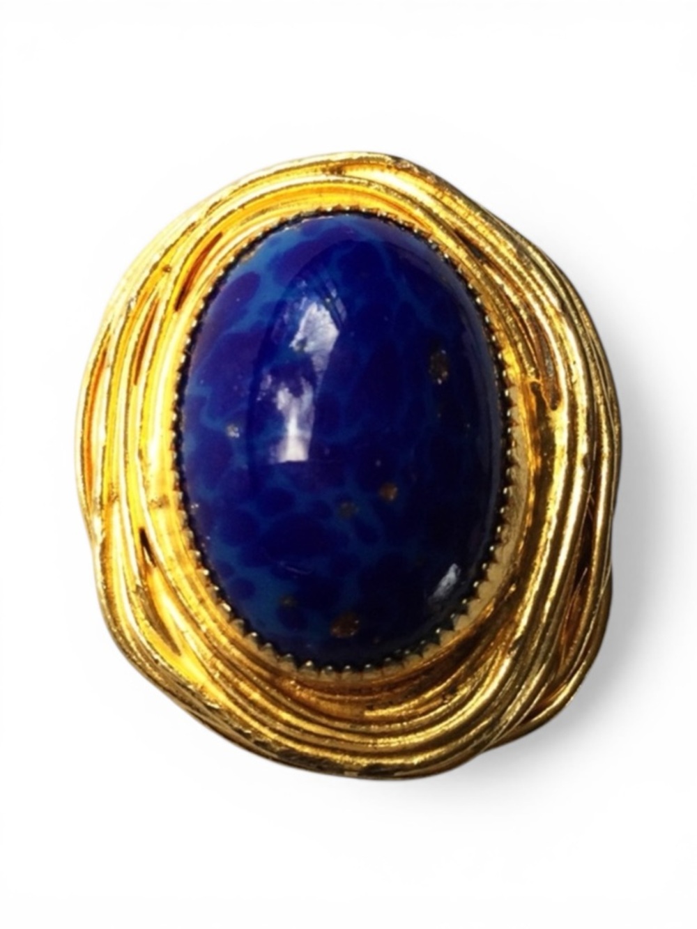 Vintage Brutalist Gold‑Tone Brooch - Blue Agate Cabochon & Gold Flecks - Picture 3 of 13